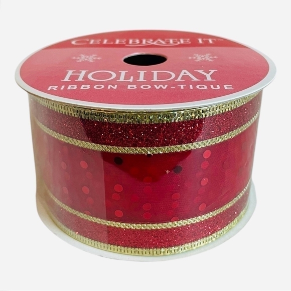 Celebrate It Ribbon Red Gold Dot Holiday Ribbon BOW-TIQUE Gift Wrap Xmas Ribbon - Picture 2 of 3